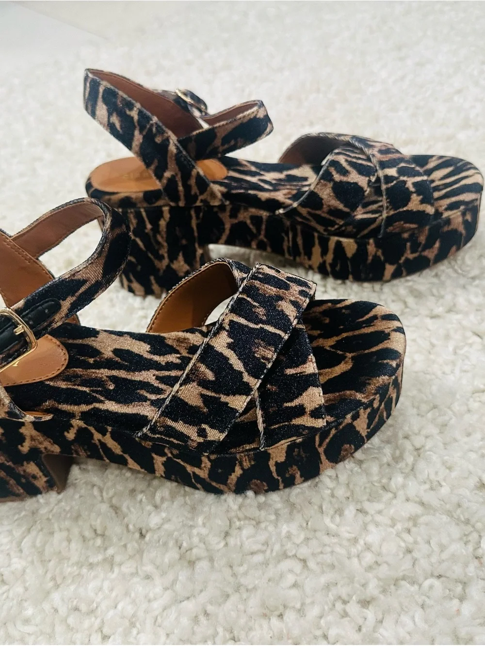 Gianni Bini Leopard Velvet Print Platform Sandals with Ankle Strap - New
